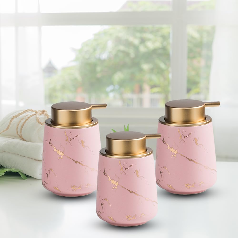 The Better Home 400ml Soap Dispenser Bottle - Pink (Set of 3) |Ceramic Liquid Pump Dispenser for Kitchen, Wash-Basin, and Bathroom