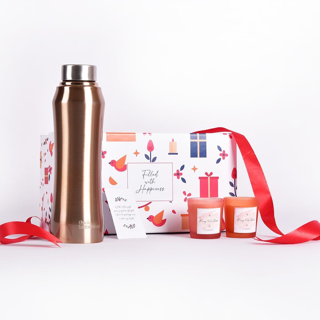 The Better Home Gift Set for Housewarming,Diwali | Gift Box of 3 with Stainless Steel Bottle(Gold, 1 LTR) & 2 Candles(Rose, 60g) | Gift for Housewarming, Secret Santa Gifts