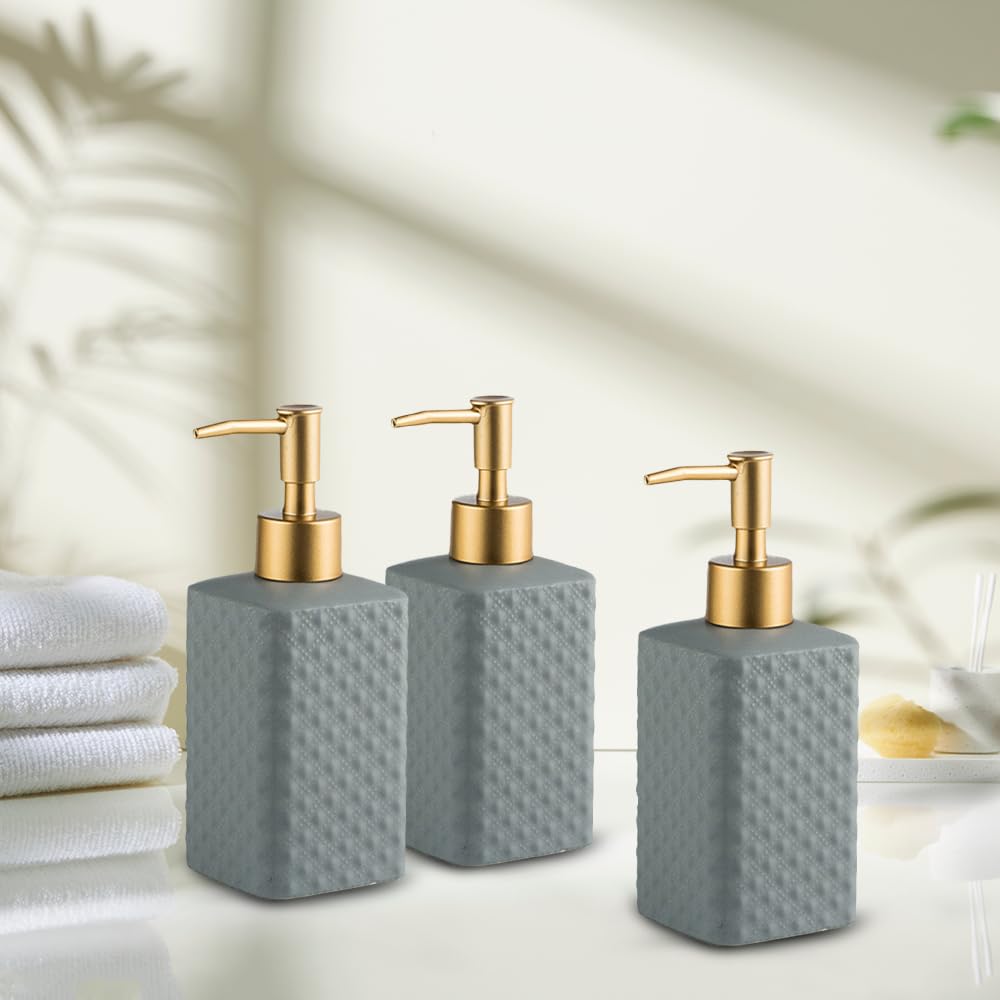 The Better Home 350ml Soap Dispenser Bottle - Grey (Set of 3) |Ceramic Liquid Pump Dispenser for Kitchen, Wash-Basin, and Bathroom