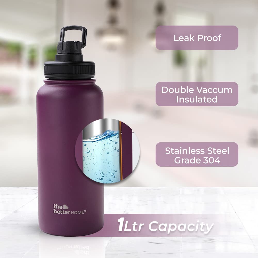 Insulated Water Bottle 1 Litre | Double Wall Hot and Cold Water for Home, Gym, Office | Easy to Carry & Store | Insulated Stainless Steel Bottle (Pack of 1, Wine)