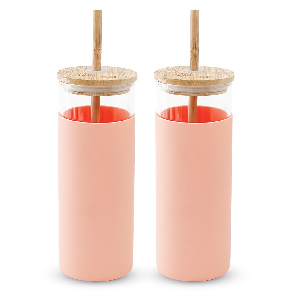 Pack of 2: Borosilicate Glass Tumblers - Leak & Sweat Proof | Lid & Bamboo Straw | 450ml | Fuscia-Peach