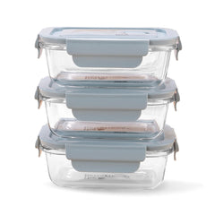 Glass Airtight Container Set For Food Storage | Leak Proof | Air Tight Lunch Box for Office, Fridge & School | Durable Borosilicate Glass (410ml - Pack of 3 (Blue))