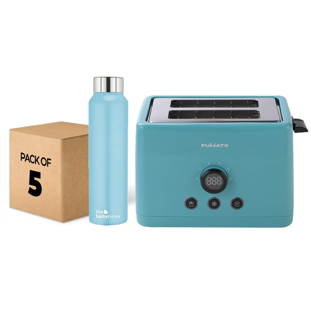 Combo: 1000 Watt 2 Slice Pop-up Toaster with Stainless Steel Water Bottle | Pack of 5 | 1 Litre | Blue