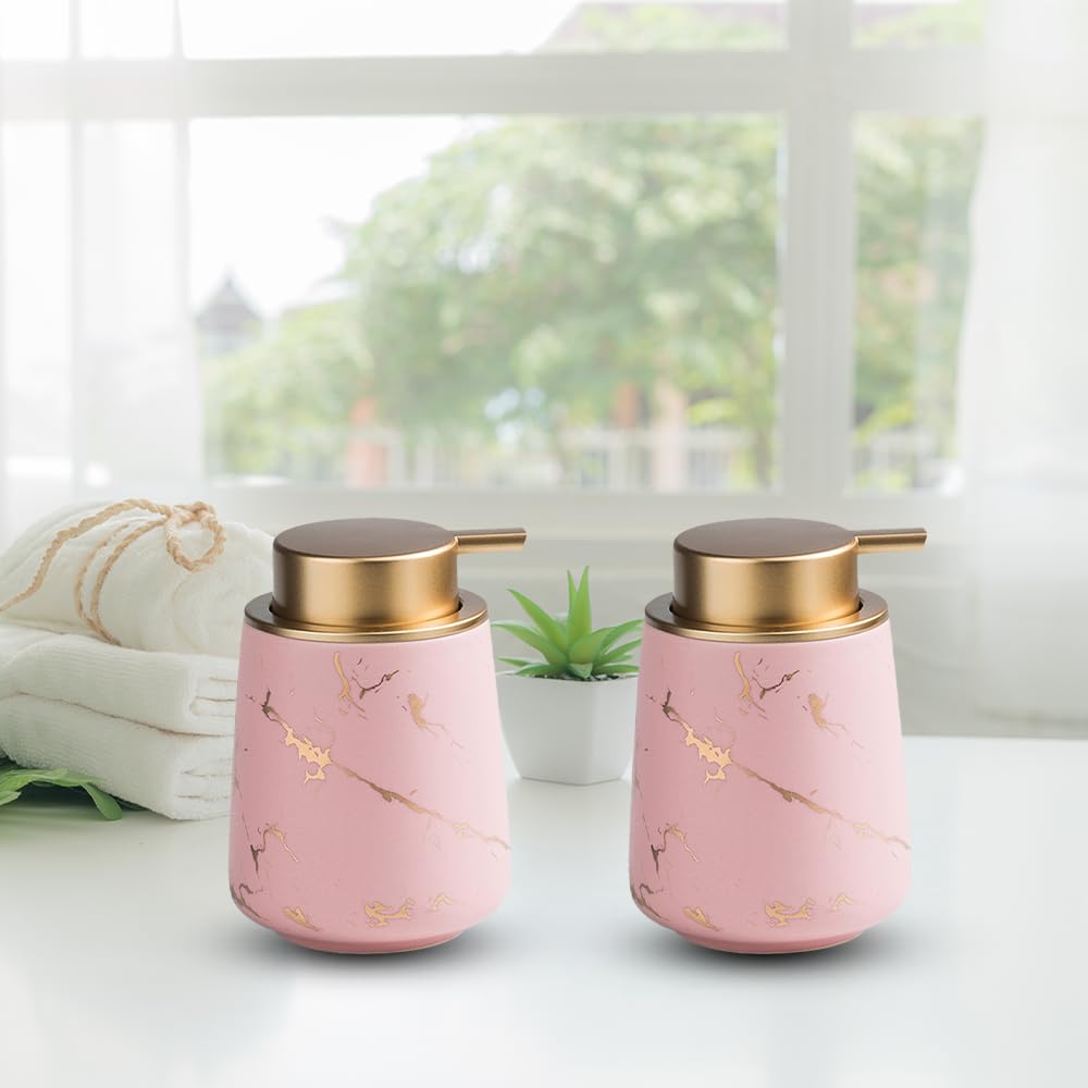 The Better Home 400ml Soap Dispenser Bottle - Pink (Set of 2) |Ceramic Liquid Pump Dispenser for Kitchen, Wash-Basin, and Bathroom