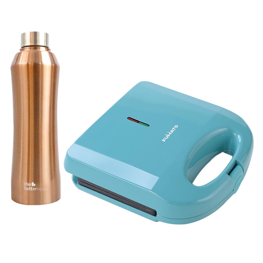 The Better Home FUMATO Presswich 750W Sandwich Maker, 2 Slice Grill, Blue & Stainless Steel Water Bottle 1 Litre Gold