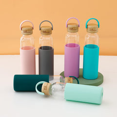 The Better Home Borosilicate Glass Water Bottle with Sleeve (500ml) | Non Slip Silicon Sleeve & Bamboo Lid | Water Bottles for Fridge | Light Blue (Pack of 1)