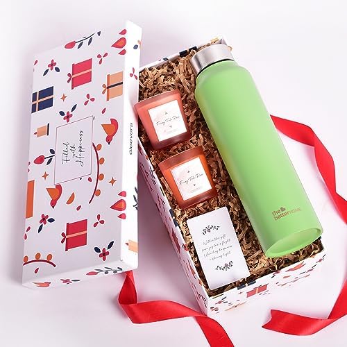 The Better Home Gift Set for Housewarming, Diwali | Gift Box of 3 with Stainless Steel Bottle(Green, 1 LTR) & 2 Candles(60g) | Gift for Housewarming,Secret Santa Gifts