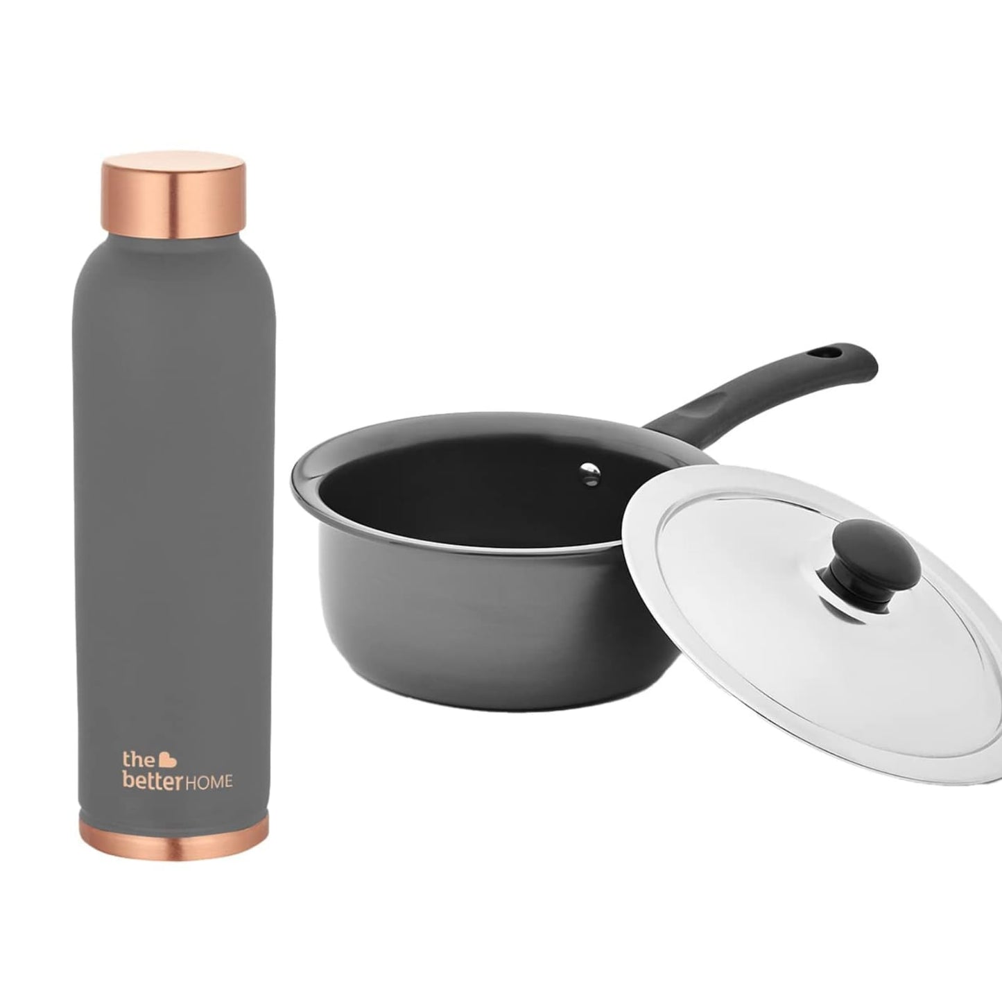 The Better Home 100% Pure Copper Water Bottle 1 Litre, Teal & Savya Home HA Saucepan with Stainless Steel Lid, Stove & Induction Cookware (16cm, 1 Litre) (Green)