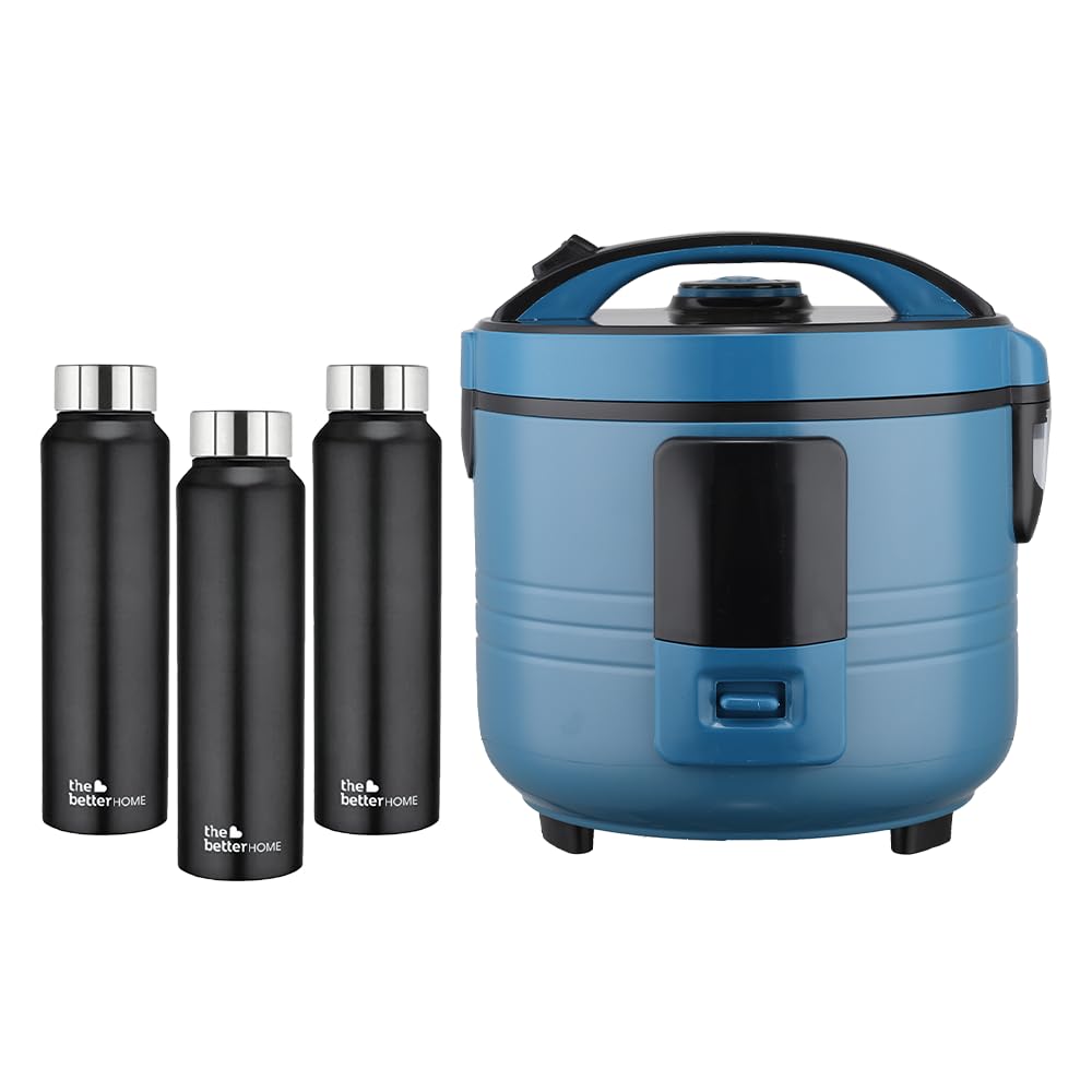 Combo: 500W Electric Rice Cooker with Automatic Function | Includes 1L Water Bottle Pack of 3 | 1.5L | Blue & Black