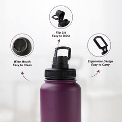 The Better Home Insulated Water Bottle 1 Litre | Double Wall Hot and Cold Water for Home, Gym, Office | Easy to Carry & Store | Insulated Stainless Steel Bottle (Pack of 1, Wine)