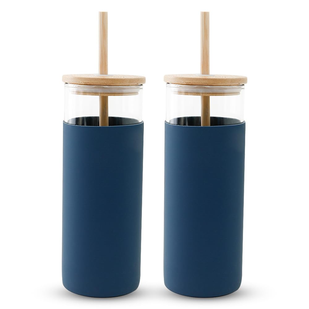 Pack of 2: Borosilicate Glass Tumblers - Leak & Sweat Proof | Bamboo Straw & Lid | 450ml | Navy Blue