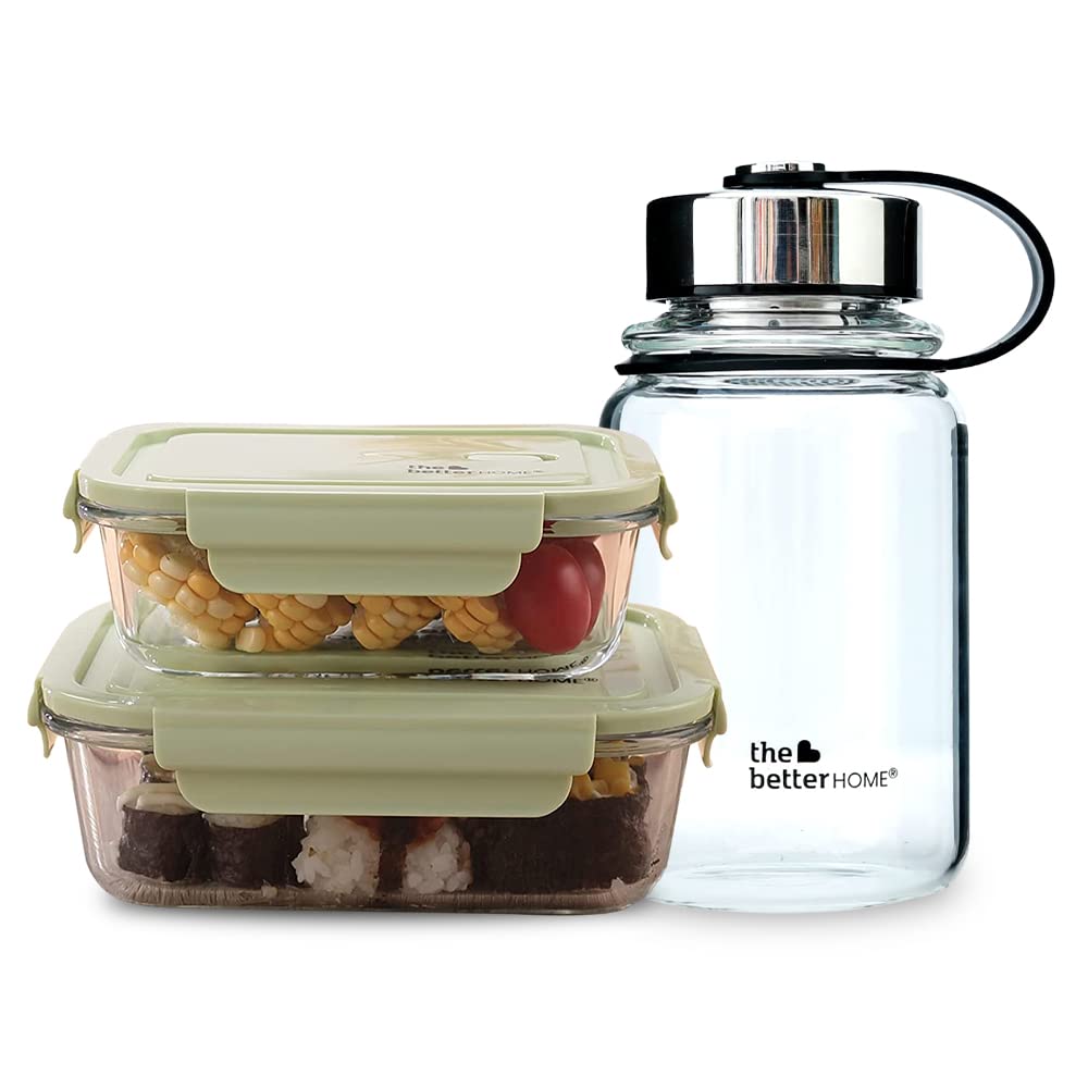 Borosilicate Glass Lunch Box & Glass Water Bottle Set | Pack of 2 Glass Food Storage Containers (410ml,680ml) with 1 Glass Water Bottle (650ml) | Air Tight & Leak Proof