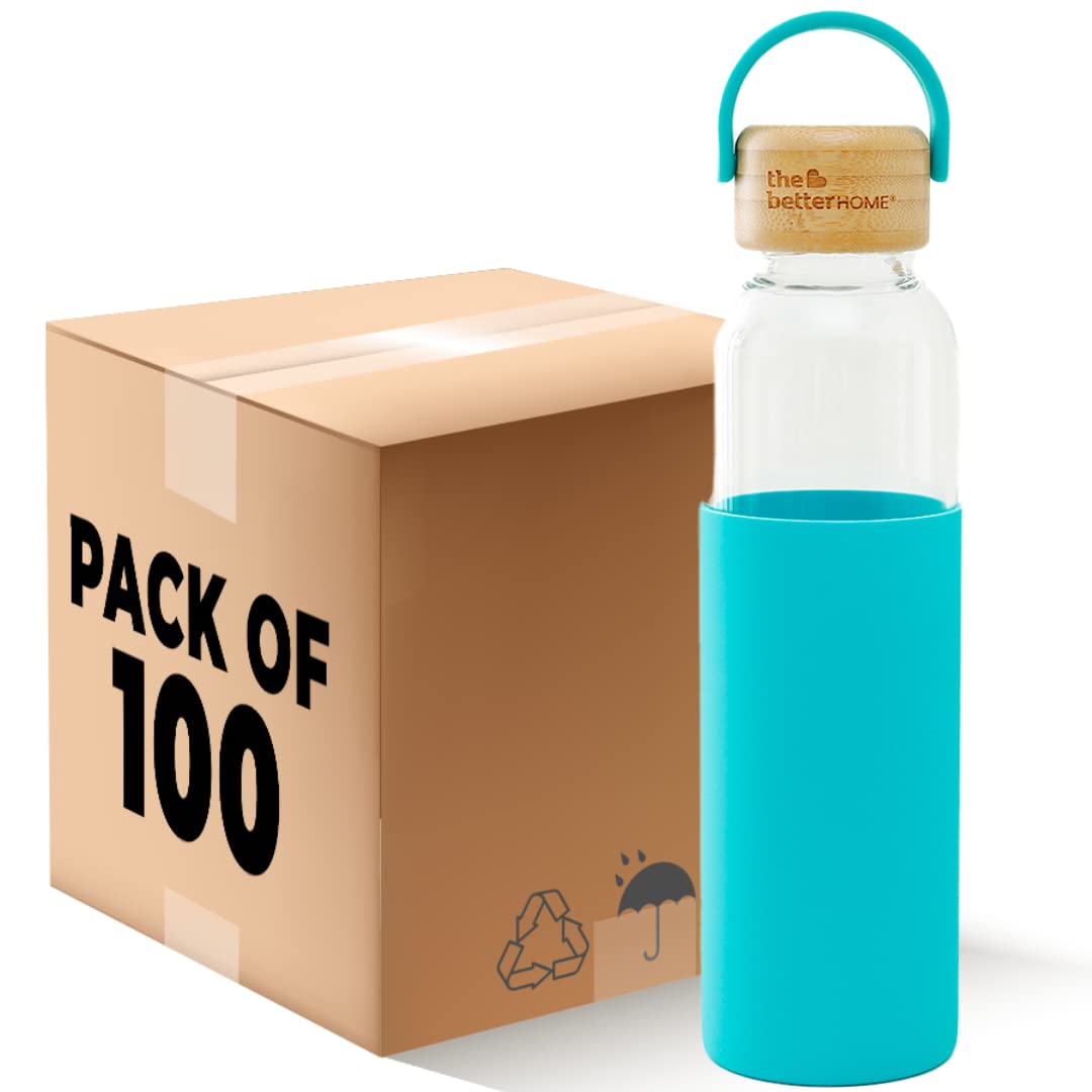 Borosilicate Glass Water Bottle with Sleeve (500ml) | Non Slip Silicon Sleeve & Bamboo Lid | Water Bottles for Fridge | Light Blue (Pack of 100)