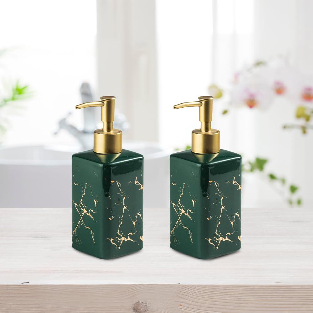 The Better Home 320ml Dispenser Bottle - Green (Set of 2) | Ceramic Liquid Dispenser for Kitchen, Wash-Basin, and Bathroom | Ideal for Shampoo, Hand Wash, Sanitizer, Lotion, and More