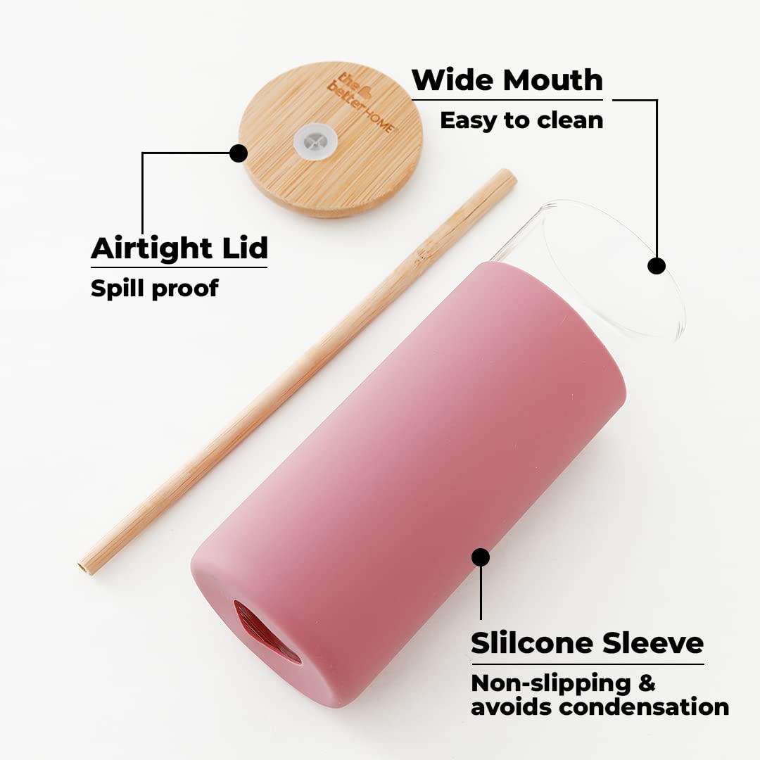 Borosilicate Glass Tumbler with Lid and Straw 450ml | Water & Coffee Tumbler with Bamboo Straw & Lid | Leak & Sweat Proof | Durable Travel Coffee Mug with Lid (Fuscia)