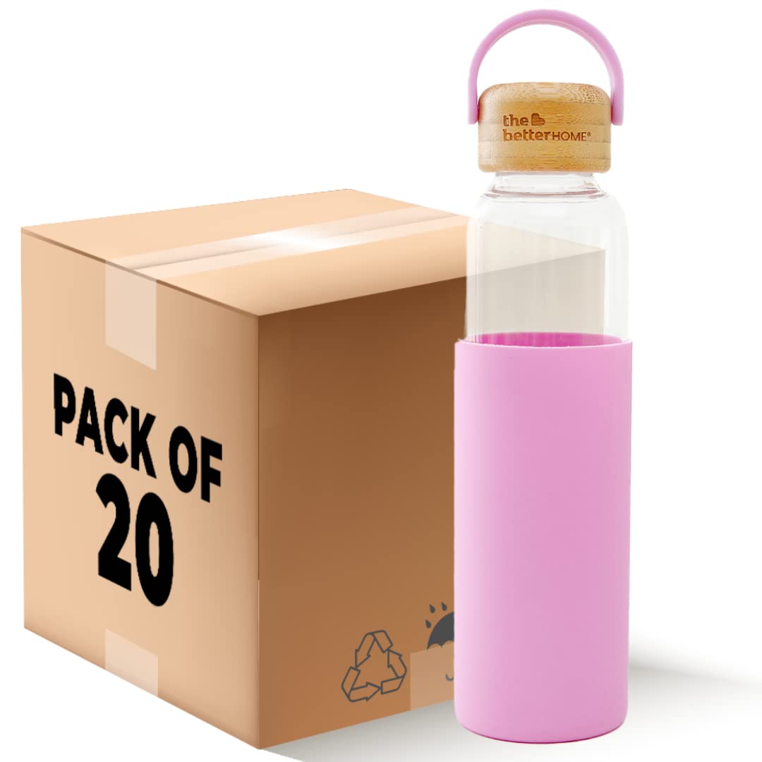 Borosilicate Glass Water Bottle with Sleeve (500ml) | Non Slip Silicon Sleeve & Bamboo Lid | Fridge Water Bottles for Men, Women & Kids | Water Bottles for Fridge | Pink (Pack of 20)