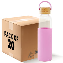 Borosilicate Glass Water Bottle with Sleeve (500ml) | Non Slip Silicon Sleeve & Bamboo Lid | Fridge Water Bottles for Men, Women & Kids | Water Bottles for Fridge | Pink (Pack of 20)