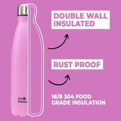 The Better Home 1000 Stainless Steel Insulated Water Bottle 1 Litre | Thermos Flask 1 Litre+ | Hot and Cold Steel Water Bottle 1 Litre | Food Grade & BPA Free Insulated Water Bottles for Kids (Pink)