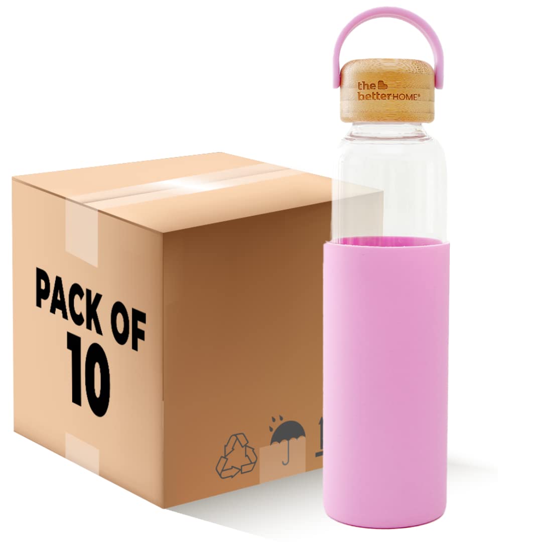 Pack of 10: Borosilicate Glass Water Bottles - Non-Slip Sleeve, Bamboo Lid | 500ml | Pink