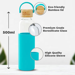 Borosilicate Glass Water Bottle with Sleeve (500ml) | Non Slip Silicon Sleeve & Bamboo Lid | Water Bottles for Fridge | Light Blue (Pack of 20)