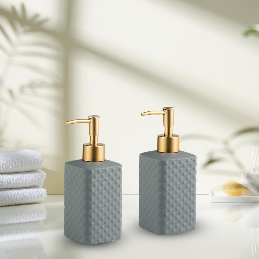 The Better Home 350ml Soap Dispenser Bottle - Grey (Set of 2) |Ceramic Liquid Pump Dispenser for Kitchen, Wash-Basin, and Bathroom