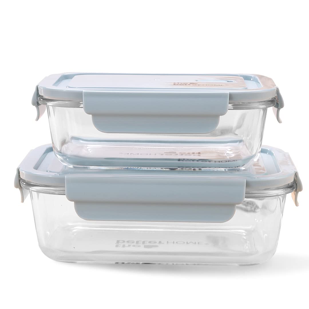 The Better Home Food Container With Snap Airtight Lid 2 Pcs (1040ml+680ml) Blue| Borosilicate Glass Container For Kitchen Storage Box Microwave Safe | Glass Tiffin Box| Lunch Box