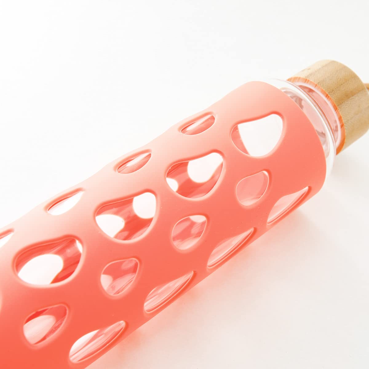 Borosilicate Glass Water Bottle - Leak Proof, Non-Slip Silicone Sleeve & Bamboo Lid | 550ml | Coral