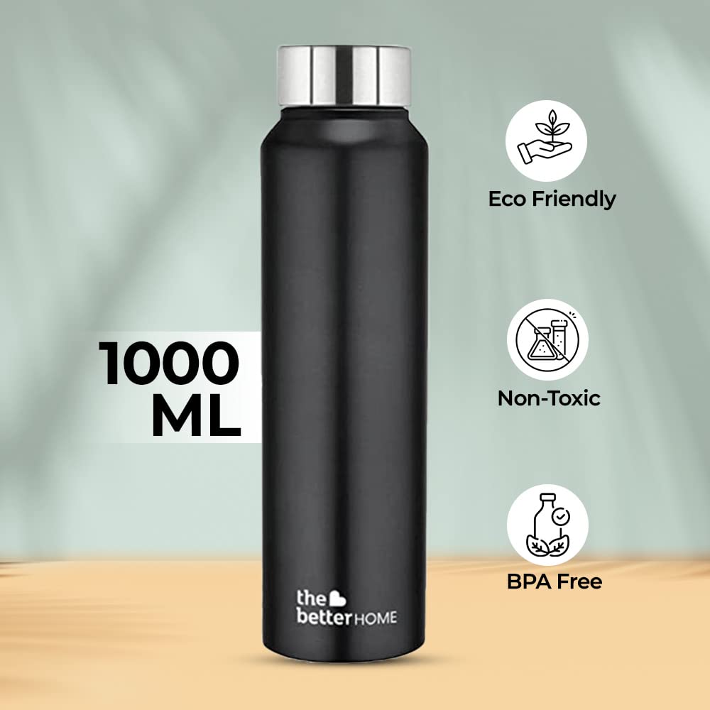 The Better Home 304 Stainless Steel Water Bottle 1 Litre | Water Bottle For Office Home | Water Bottle Steel | Steel Water Bottle For Kids School | Office Water Bottle For Women Men (Black - 1 Pcs)