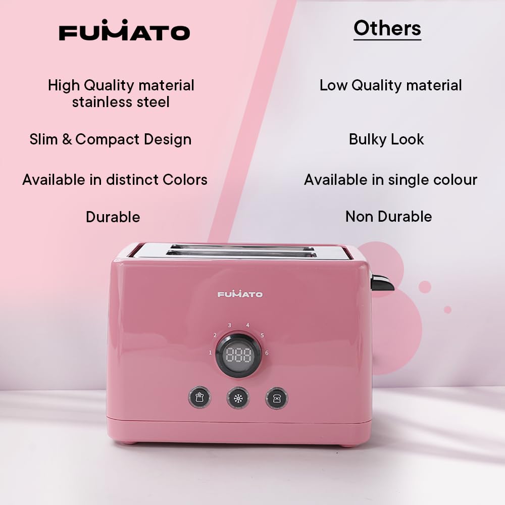 Stainless Steel 1000W 2-Slice Pop Up Toaster with 6 Heating Modes & Removable Crumb Tray | Cherry Pink