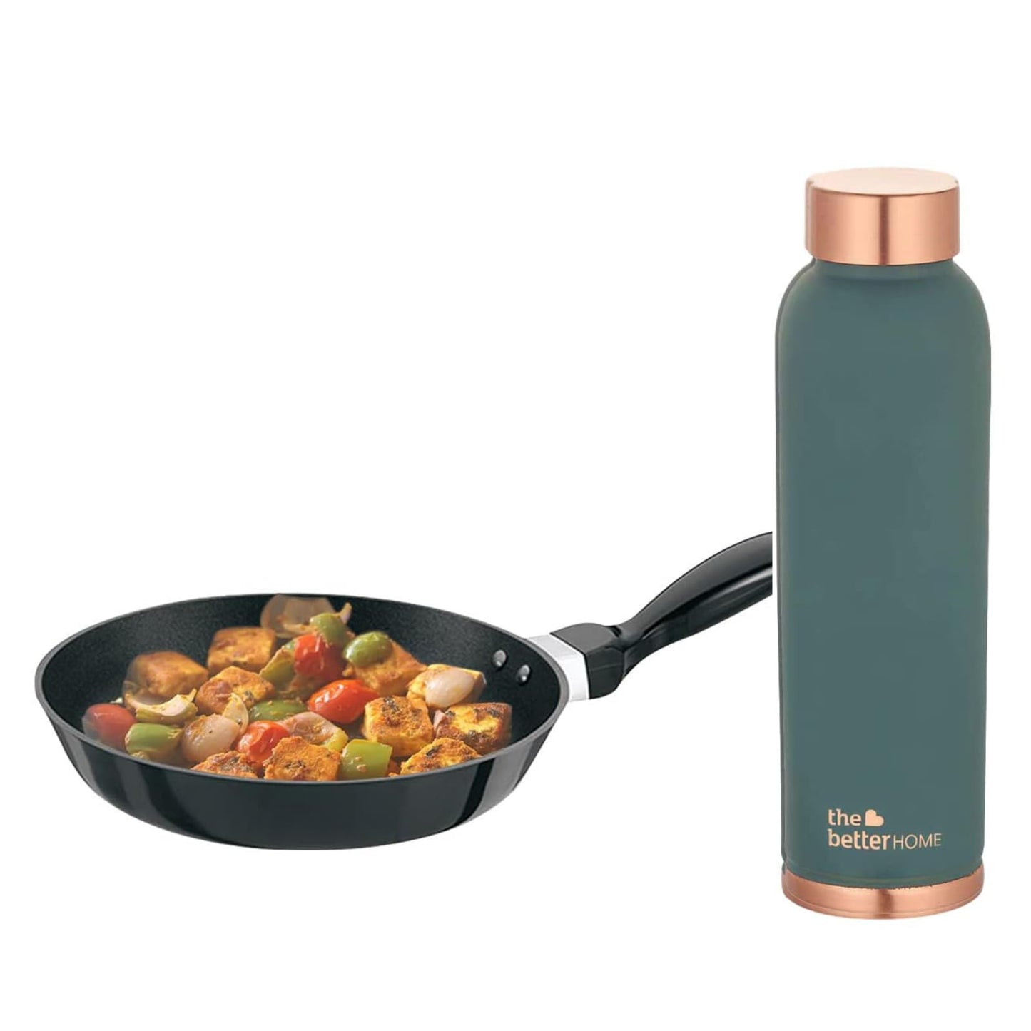 The Better Home 100% Pure Copper Water Bottle 1 Litre, Teal & Savya Home Non Stick Fry Pan, 26 cm (Stove & Induction Cookware, Easy Grip Handle)