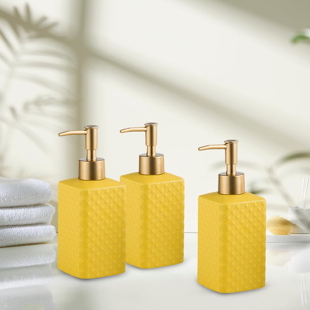 The Better Home 350ml Soap Dispenser Bottle - Yellow (Set of 3) |Ceramic Liquid Pump Dispenser for Kitchen, Wash-Basin, and Bathroom