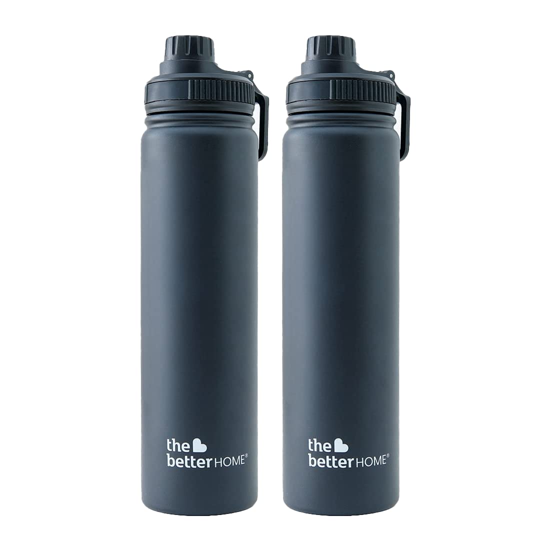 The Better Home 1000 Stainless Steel Insulated Water Bottle with Sipper (710ml) | Thermos Flask Sports Water Bottle | Hot and Cold Steel Water Bottle | Food Grade & BPA Free (Pack of 2, Black)