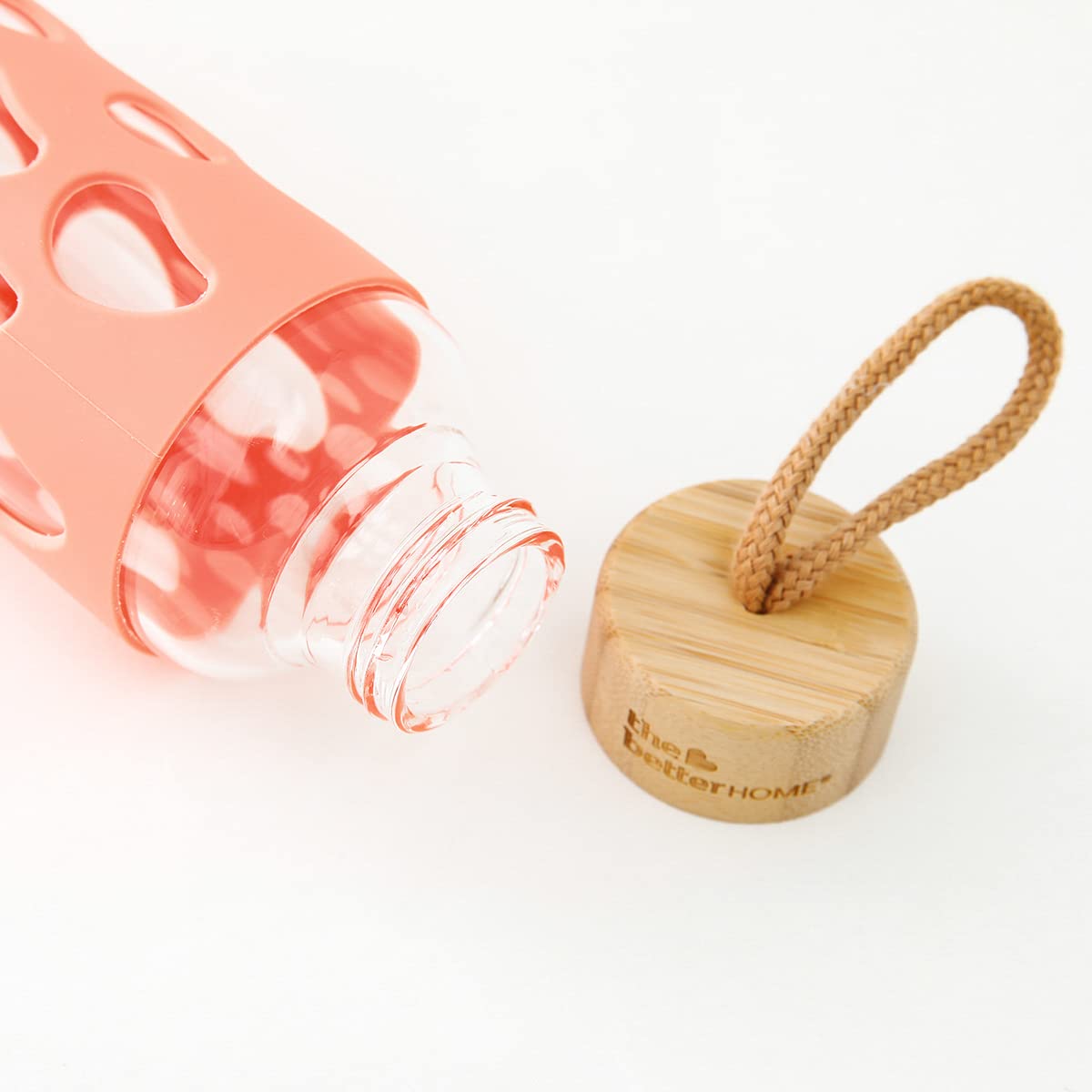 Borosilicate Glass Water Bottle - Leak Proof, Non-Slip Silicone Sleeve & Bamboo Lid | 550ml | Coral