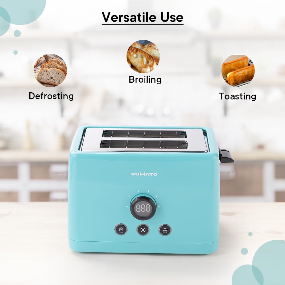 2 Slice Pop-Up Toaster - 1000W, 6 Browning Levels, Removable Crumb Tray | Includes Bun Rack | Light Blue