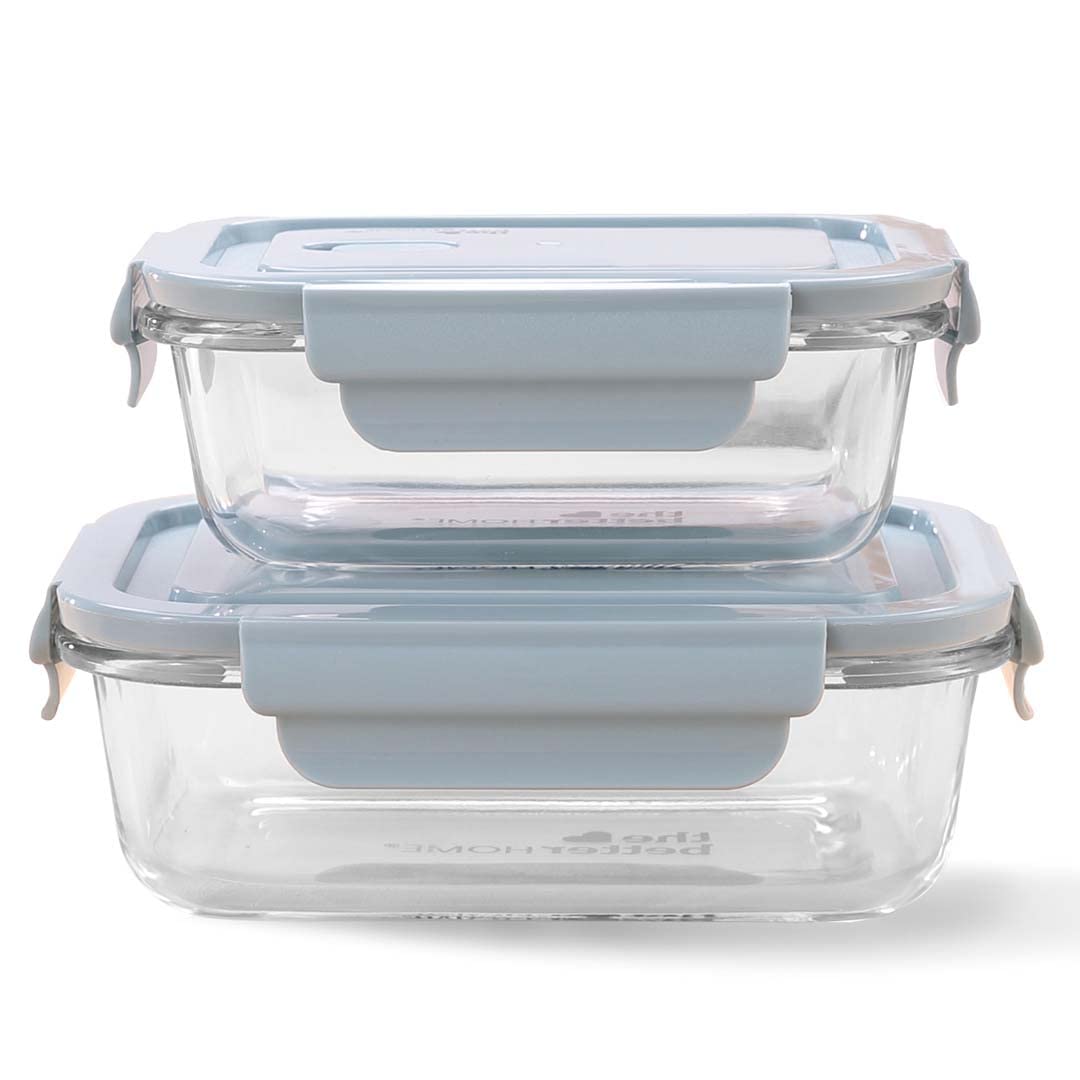 The Better Home Borosilicate Glass Lunch Box Set of 2 (410ml & 680ml) | Tiffin Box for Office for Men Women |Lunch Box for Women School Kids |Microwave Safe Leak Proof Airtight Lunch Boxes (Blue)