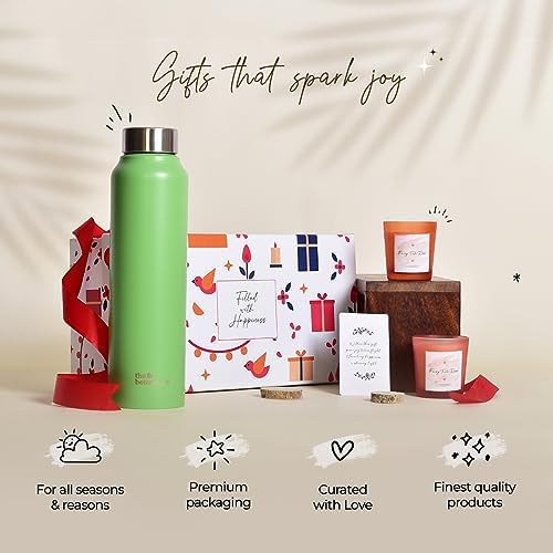 The Better Home Gift Set for Housewarming, Diwali | Gift Box of 3 with Stainless Steel Bottle(Green, 1 LTR) & 2 Candles(60g) | Gift for Housewarming,Secret Santa Gifts