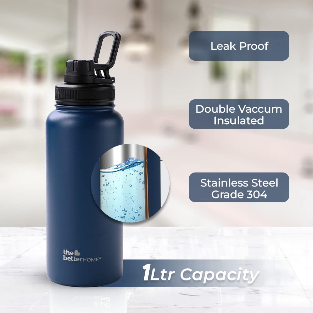 Insulated Water Bottle 1 Litre | Double Wall Hot and Cold Water for Home, Gym, Office | Easy to Carry & Store | Insulated Stainless Steel Bottle (Pack of 1, Deep Blue)
