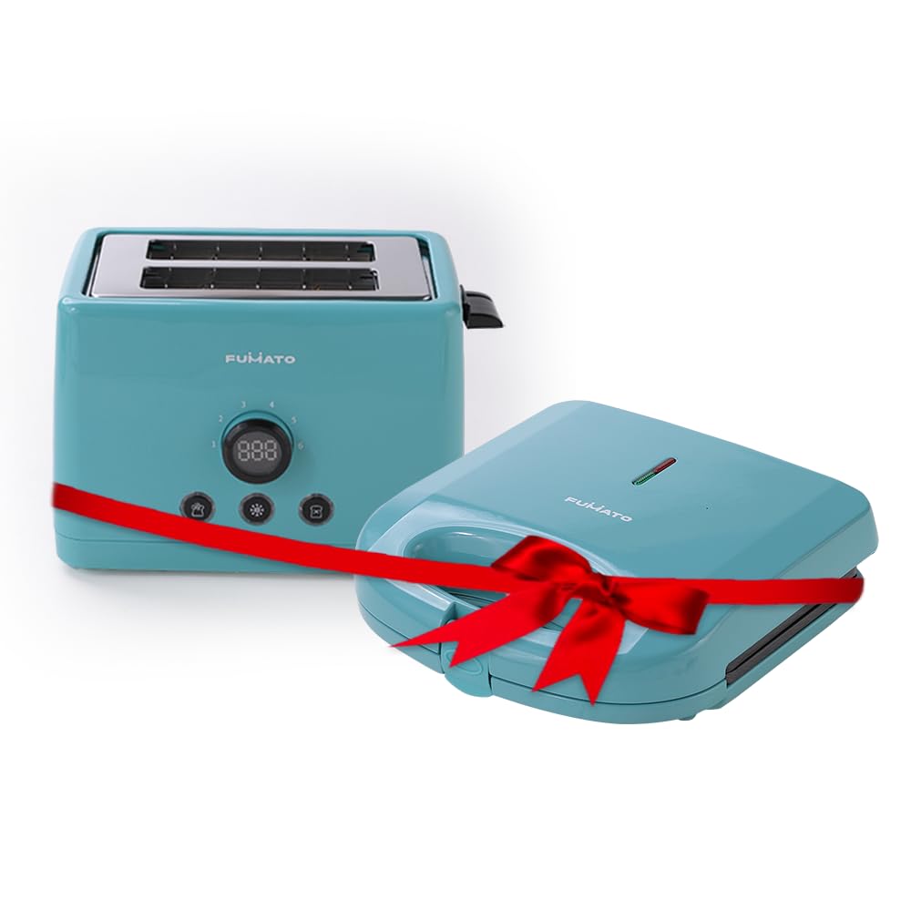 Combo: 2 Slice Pop-up Toaster - Bun Rack & Non-Stick Sandwich Maker | Wedding Gift | Capacity: 2 Slices | Misty Blue