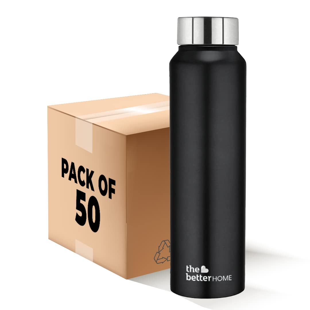 Pack of 50: Stainless Steel Water Bottles - Rust-Proof, Lightweight, Leak-Proof | 1 Litre | Black