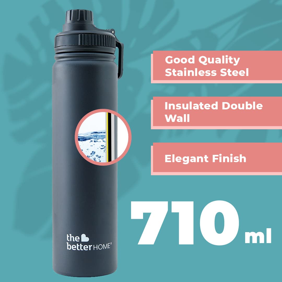 The Better Home 1000 Stainless Steel Insulated Water Bottle with Sipper (710ml) | Thermos Flask Sports Water Bottle | Hot and Cold Steel Water Bottle | Food Grade & BPA Free (Pack of 2, Black)