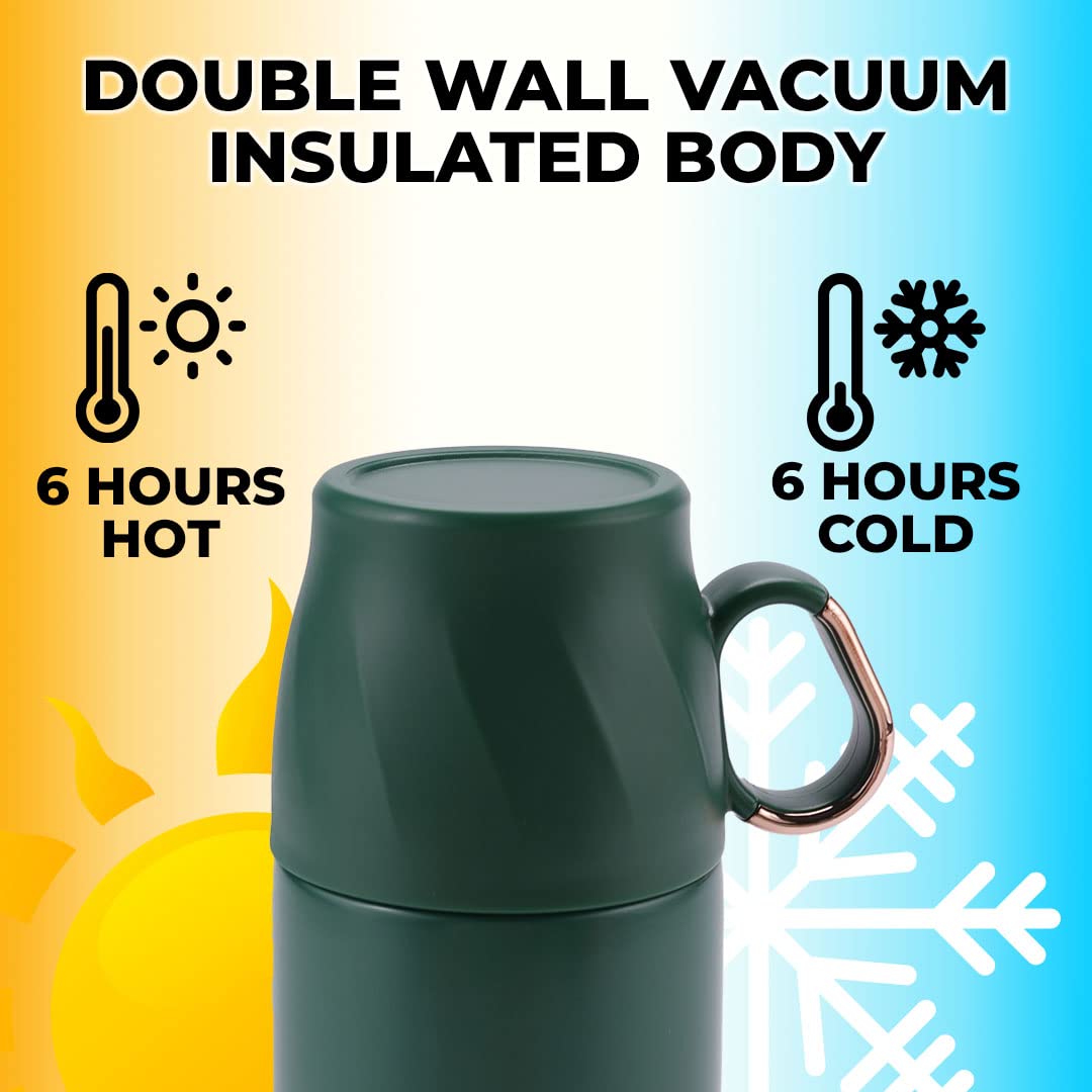 Insulated Flask - Leak Proof, Rust Proof | Includes Cup | 500ml | Dark Green | 6 Hours Hot & Cold