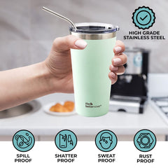 Insulated Tumbler with Straw & Lid 450ml | Double Wall Insulated Stainless Steel Water, Coffee Tumbler | Hot and Cold Coffee Flask | Durable Travel Coffee Mug with Lid (Green)