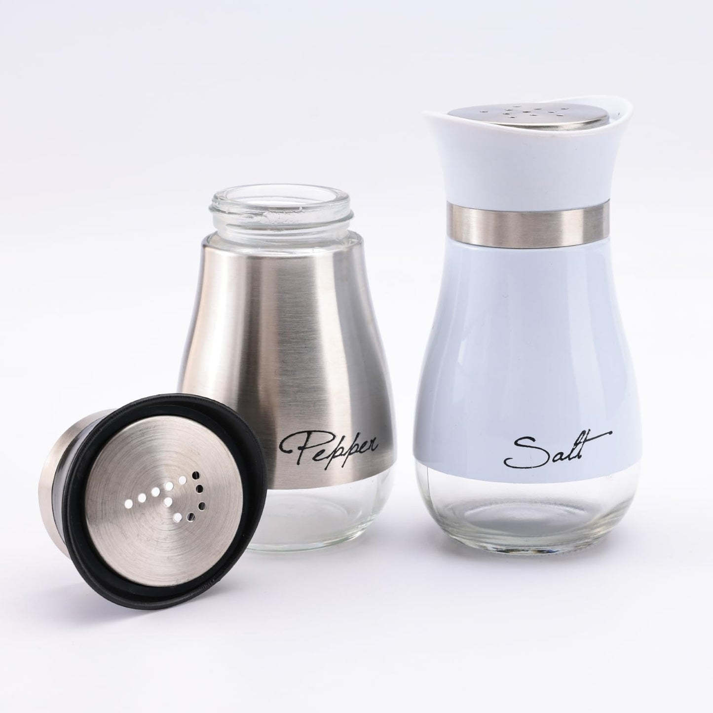 The Better Home Glass Salt and Pepper Shaker Set | Pack of 2 | White and Silver | Glass | Salt and Pepper Dispenser Sprinkler Bottle