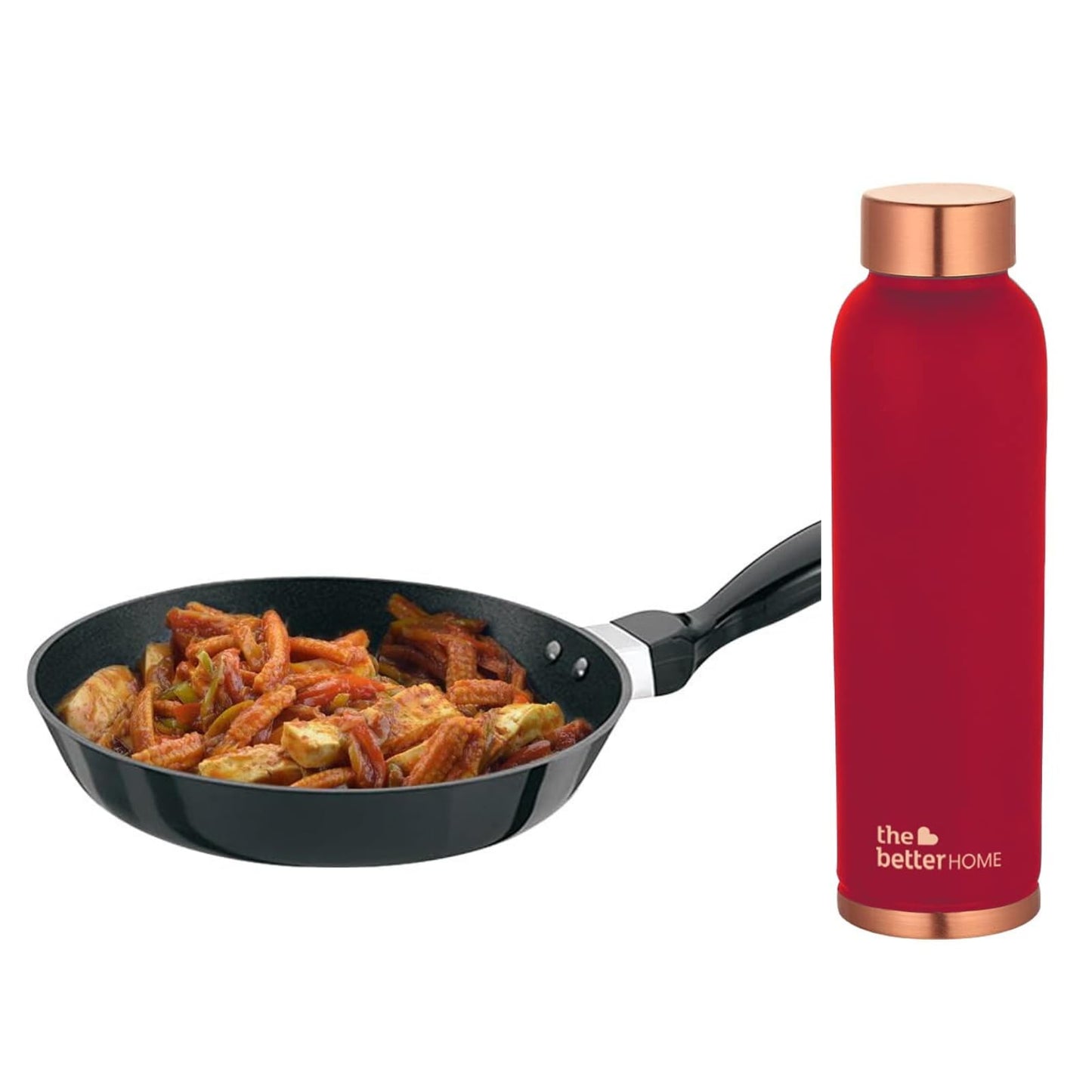 Combo: 100% Pure Copper Water Bottle & Non-Stick Fry Pan | Easy Grip Handle | 1 Litre | Red, Teal