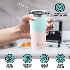 Insulated Tumbler with Straw & Lid 450ml | Double Wall Insulated Stainless Steel Water, Coffee Tumbler | Hot and Cold Coffee Flask | Durable Travel Coffee Mug with Lid (Blue to Pink)
