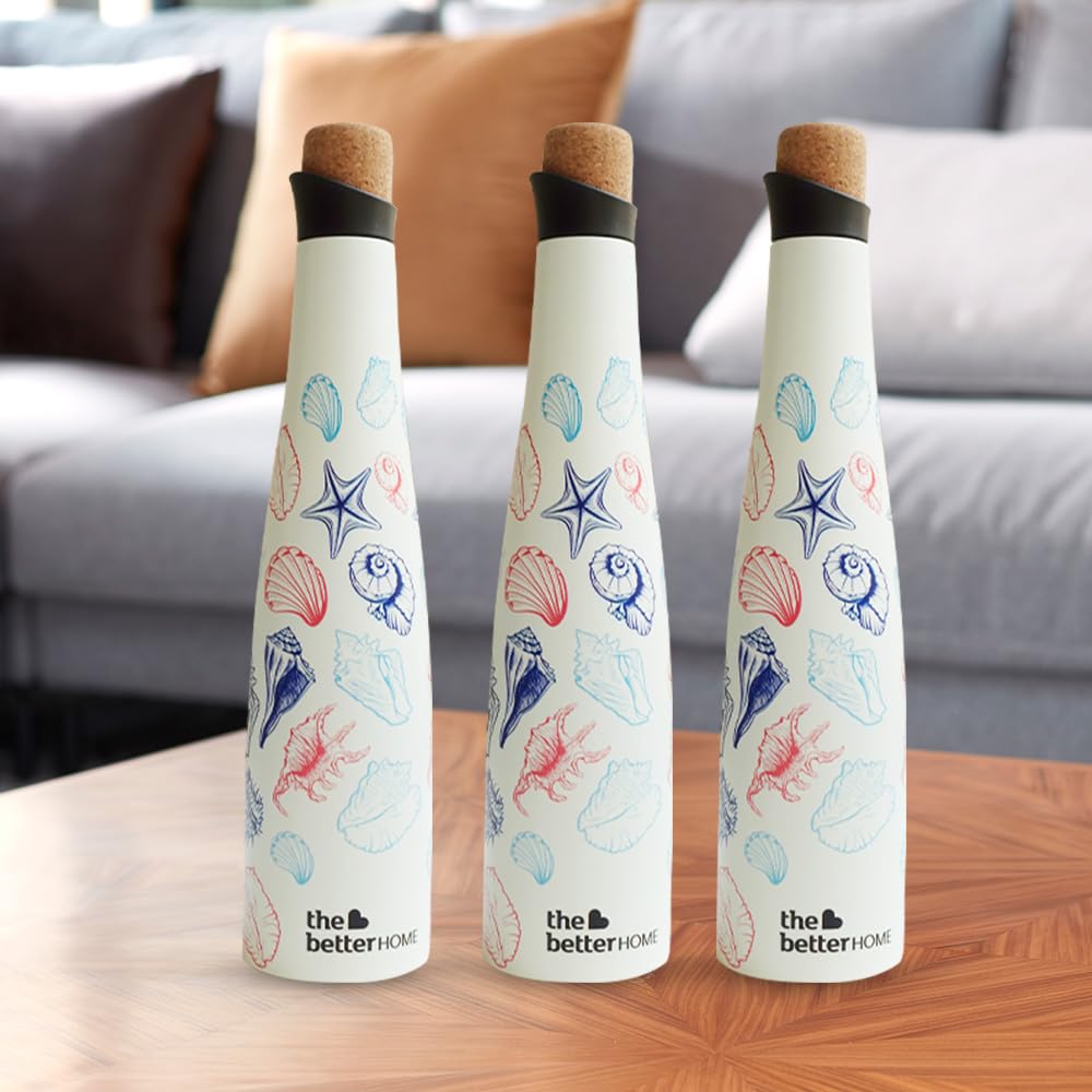 Pack of 3: Insulated Stainless Steel Water Bottles - 18 hrs Insulation, Leak Proof | Cork Caps | 500ml | Deep Sea