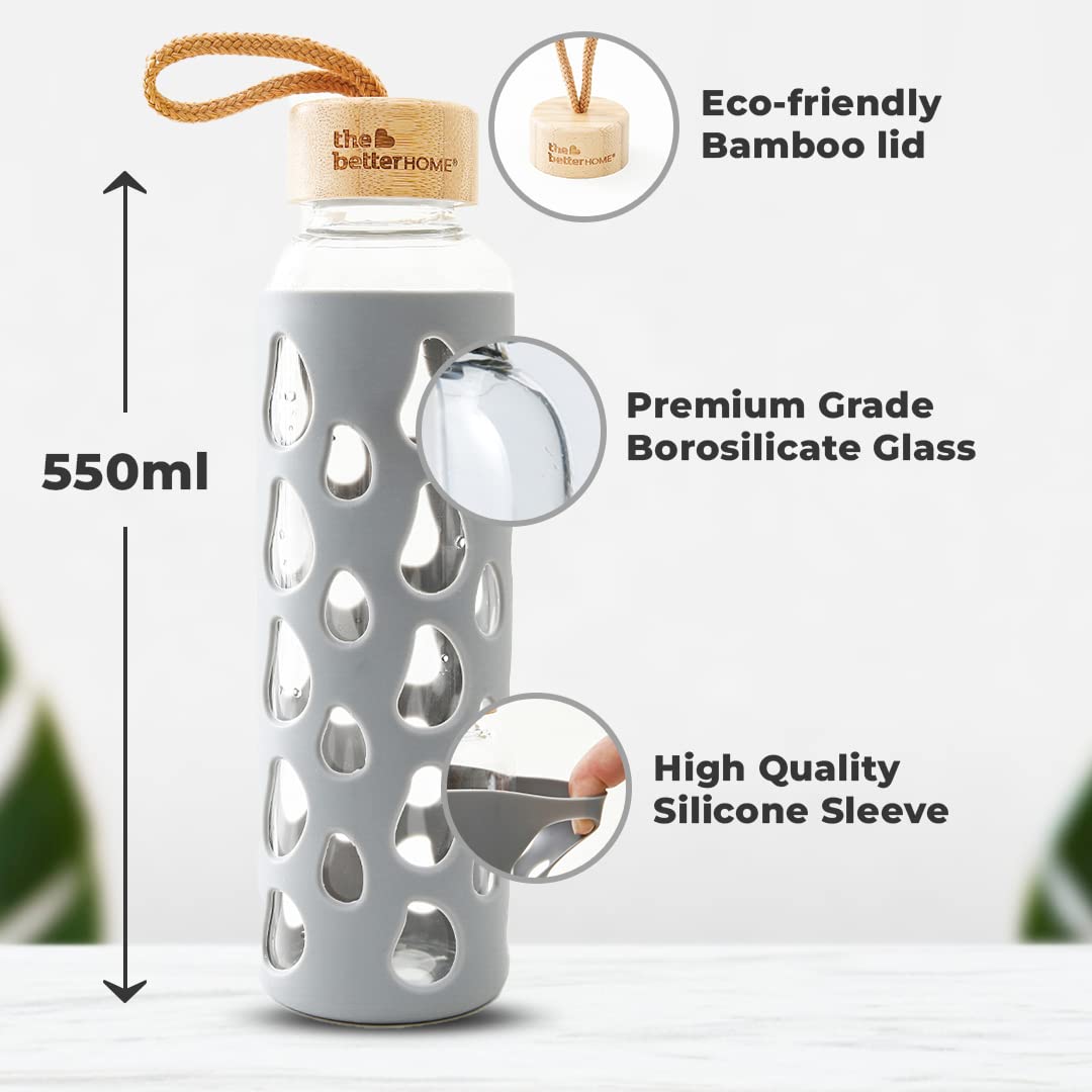 Borosilicate Glass Water Bottle with Sleeve (550ml) | Non Slip Silicon Sleeve & Bamboo Lid | Water Bottles for Fridge | Grey (Pack of 50)