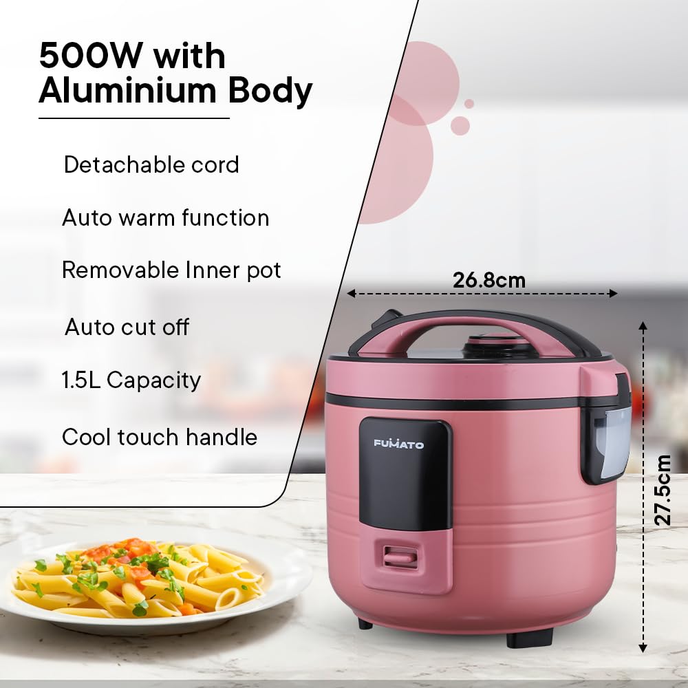 The Better Home FUMATO Slow Rice Cooker 1.5L 500W | 3-in-1 Electric Cooker, Boiler & Steamer | Aluminum Pot, Keep Warm Function, Cool Touch Body, Measuring Cup | 1 Year Warranty (Cherry Pink)