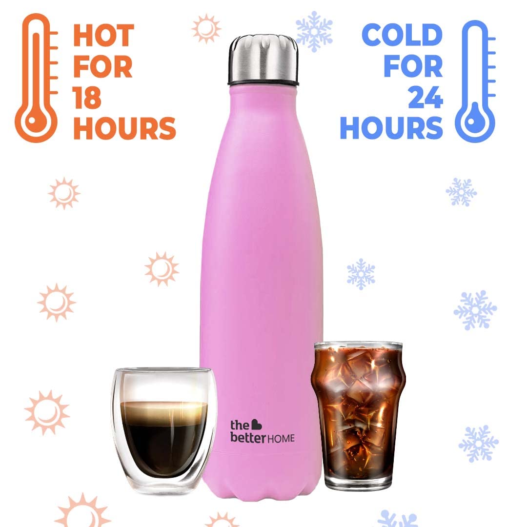 The Better Home Pack of 2 1000 ml Each Thermosteel Bottle | Doubled Wall 304 SS | Hot for 18 Hrs & Cold for 24 Hrs | Rustproof & Leakproof | Insulated Water Bottles for Office, Camping, Travel (Pink)