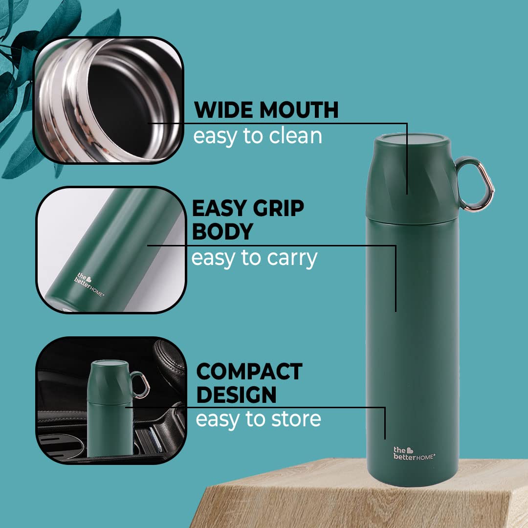 Insulated Flask - Leak Proof, Rust Proof | Includes Cup | 500ml | Dark Green | 6 Hours Hot & Cold